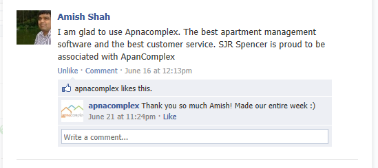 I am glad to use ApnaComplex. The best apartment management software and the best customer service. SJR Spencer is proud to be associated with ApnaComplex. - Amish Shah